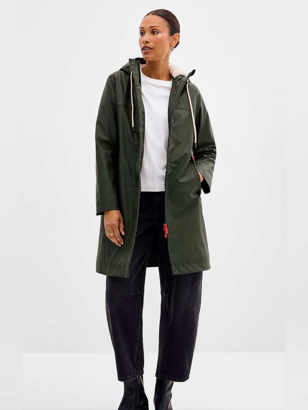 Hunter Rubberized Lined Waterproof Olive Green Hooded Trench Raincoat Jacket